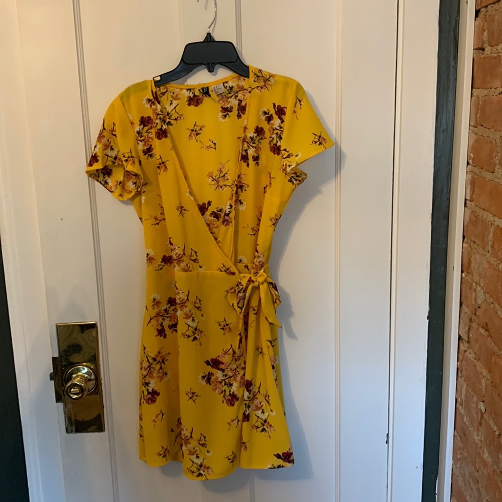Short, yellow, floral, wrap dress